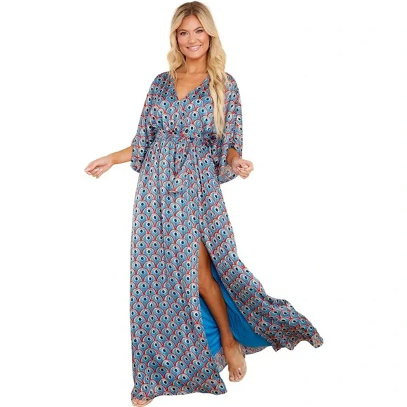 Aakaa | Dresses | Aakaa Float On Air Blue Peacock Multi Print Maxi Dress  Nwt Aakaa Multicolor | Poshmark